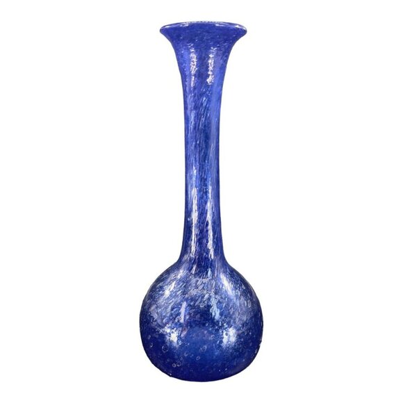 1980s Egyptian Art Glass Vase Cobalt Blue Bubbles All Over Hand Blown W Sticker - Picture 12 of 13